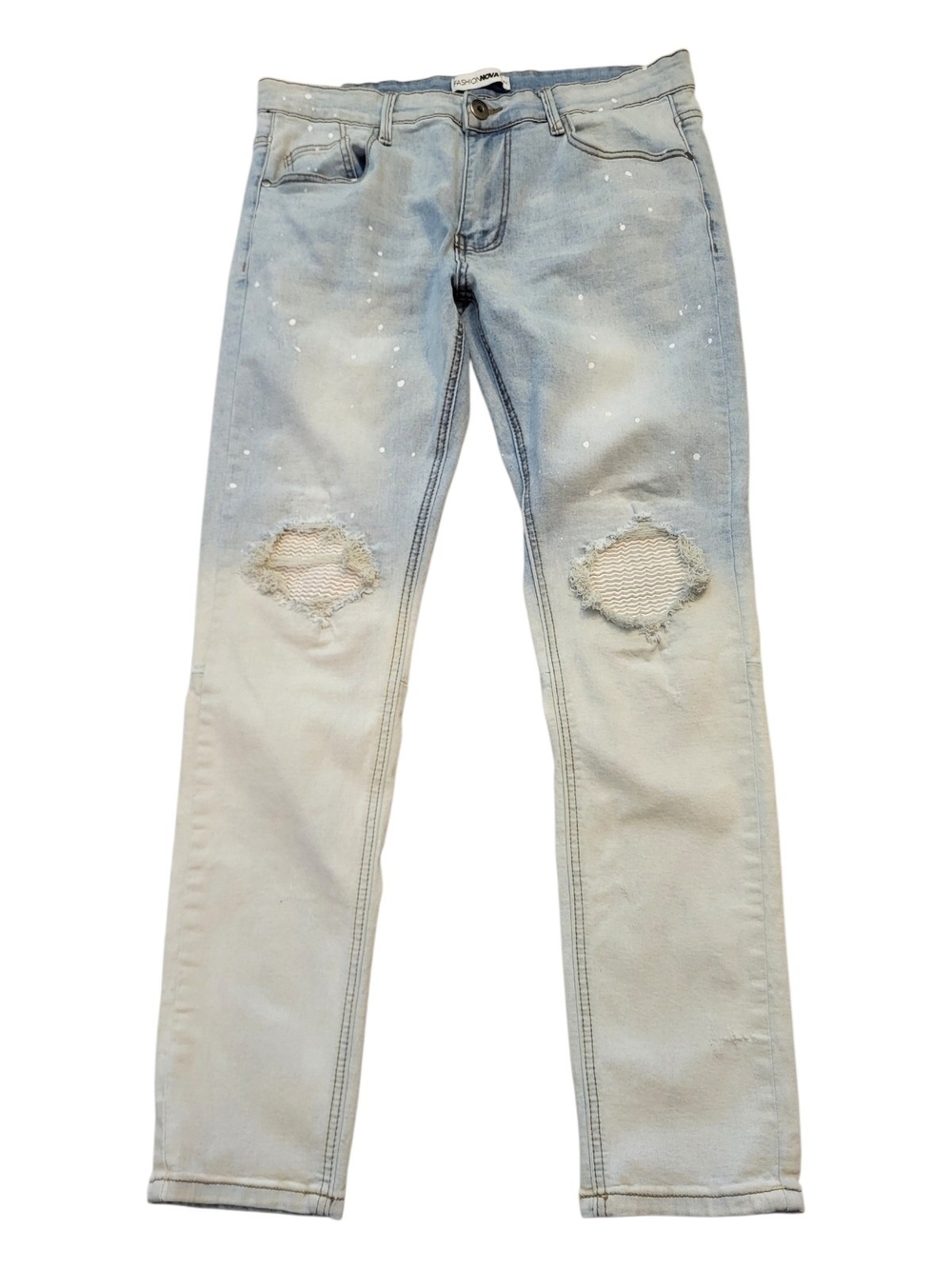 Fashion Nova Men's Stacked Skinny Flare Jeans Light Wash w/ Paint Splatter Sz 34
